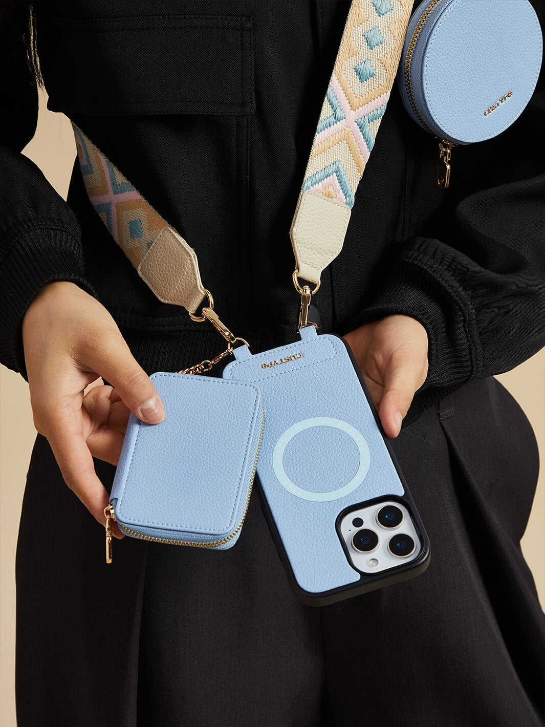 Unique Design Set- Wireless Charging Webbing Crossbody Phone Case Round Pouch Set