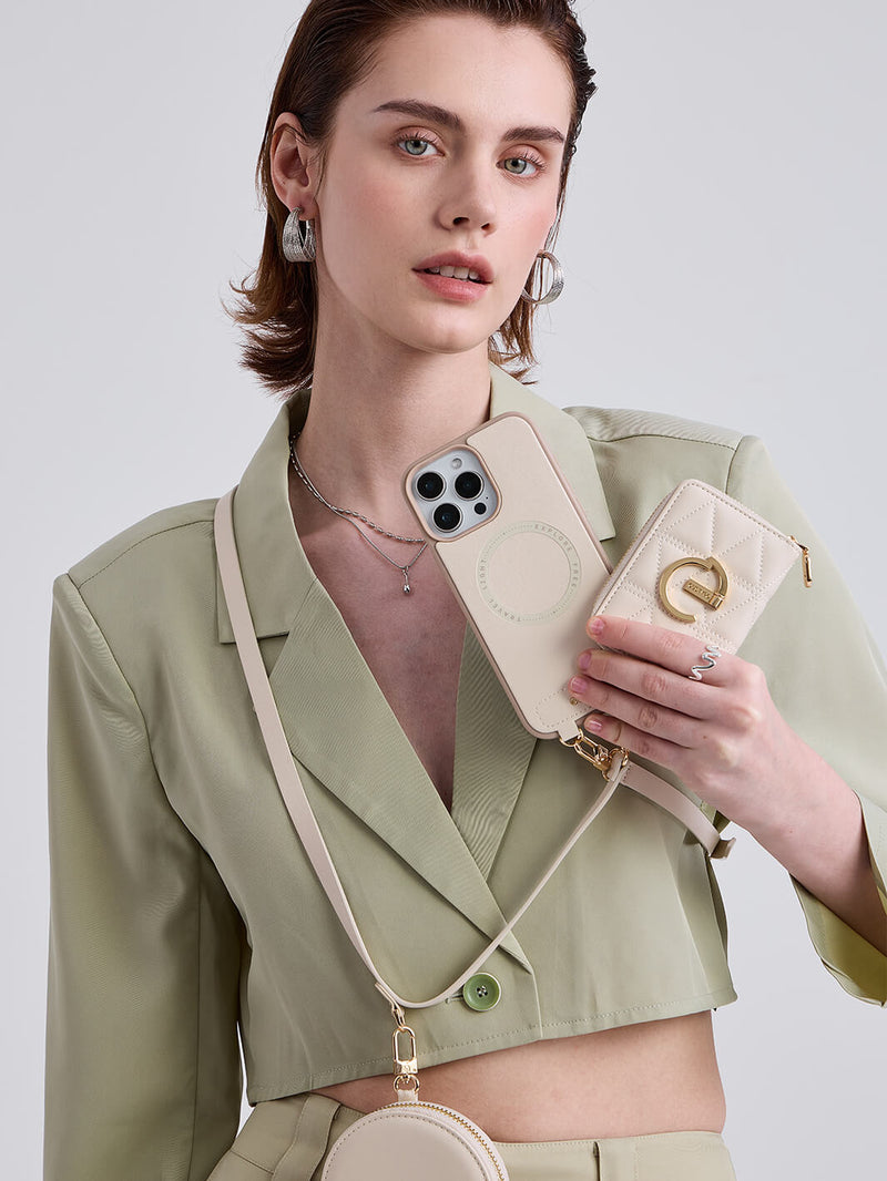 Embroidery Craft Set- Detachable Wireless Charging Crossbody Wallet Phone Case Round Pouch Set-Mobile Phone Cases-DETACHABLE WALLET & ROUND POUCH-Argyle-Black-iPhone 16 Pro Max-Custype