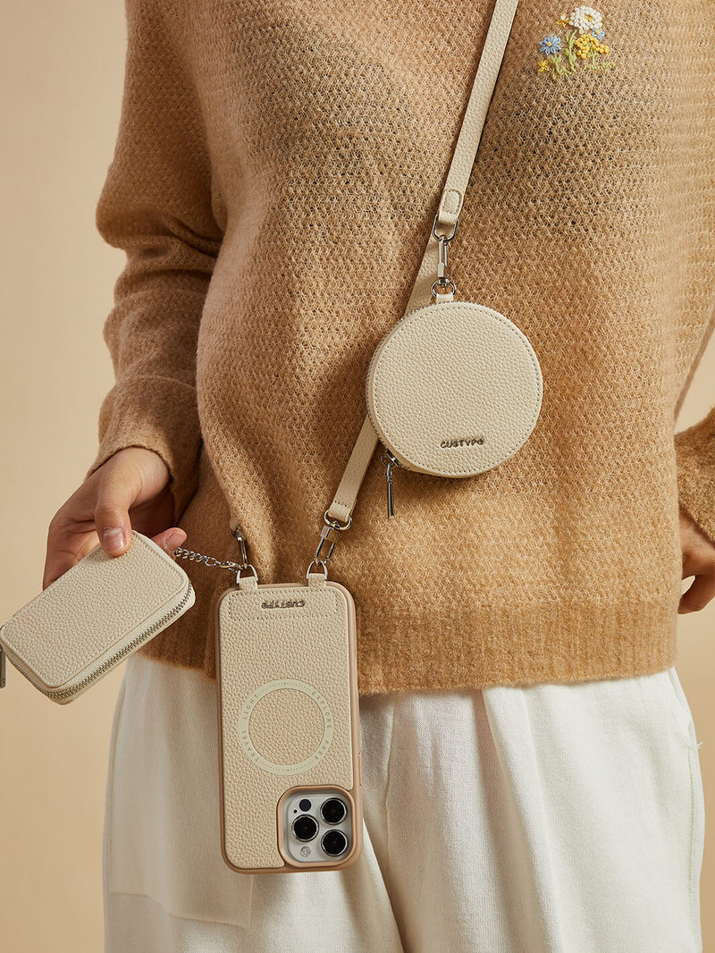 Lunar Silver Series- Premium Crossbody Magsafe Phone Case with Removable Wallet & Round Pouch-Mobile Phone Cases-DETACHABLE WALLET & ROUND POUCH-Black-iPhone 16 Pro Max-Custype