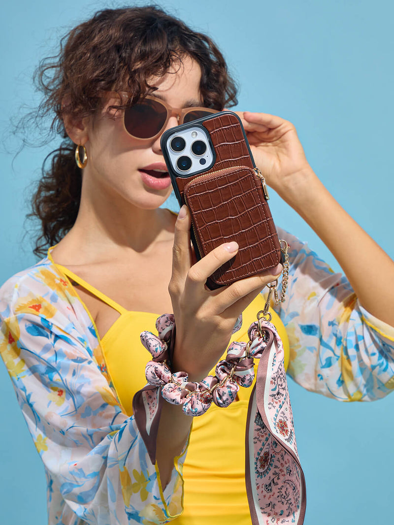 Silk Flair Set- Crocodile Wrist Lanyard Wallet Phone Case Compatible MagSafe-Mobile Phone Cases-WRISTBAND & PHONE POUCH-Custype