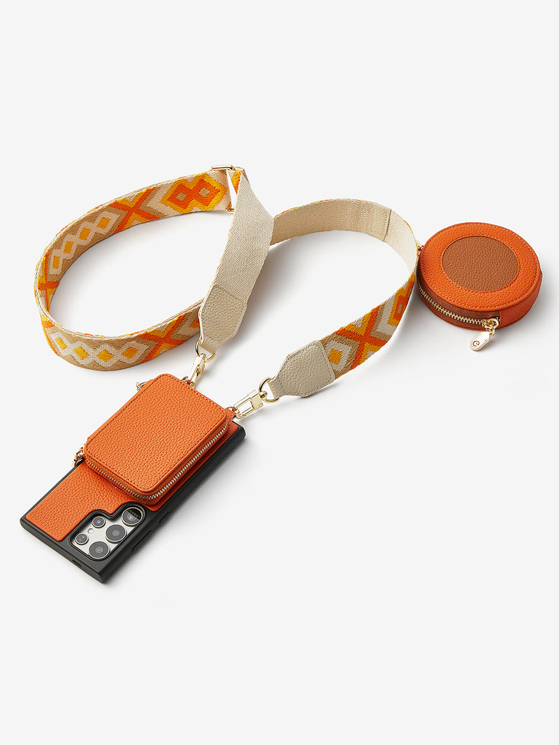 Unique Design Set- Samsung Galaxy Wireless Charging Webbing Crossbody Phone Case Round Pouch Set-Mobile Phone Cases-DETACHABLE WALLET & ROUND POUCH-Beige-Samsung S25 Ultra-Custype