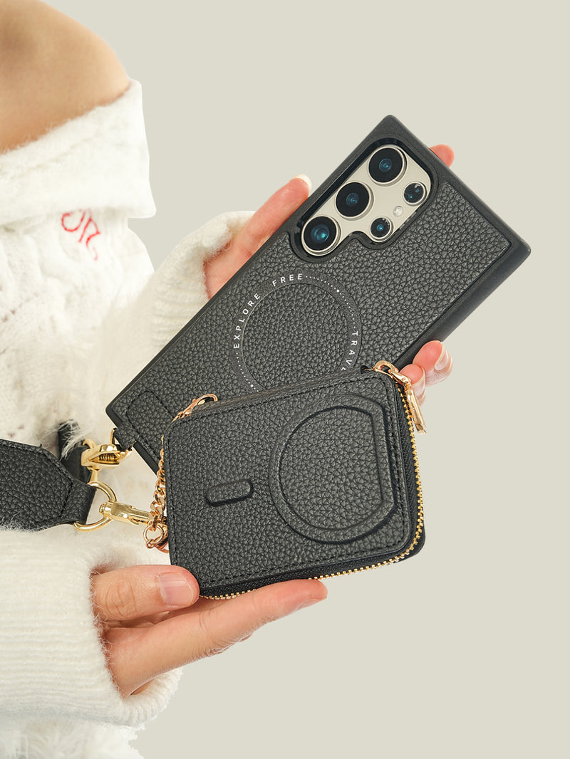 Unique Design Set- Samsung Galaxy Wireless Charging Webbing Crossbody Phone Case Round Pouch Set-Mobile Phone Cases-DETACHABLE WALLET & ROUND POUCH-Beige-Samsung S24 Ultra-Custype