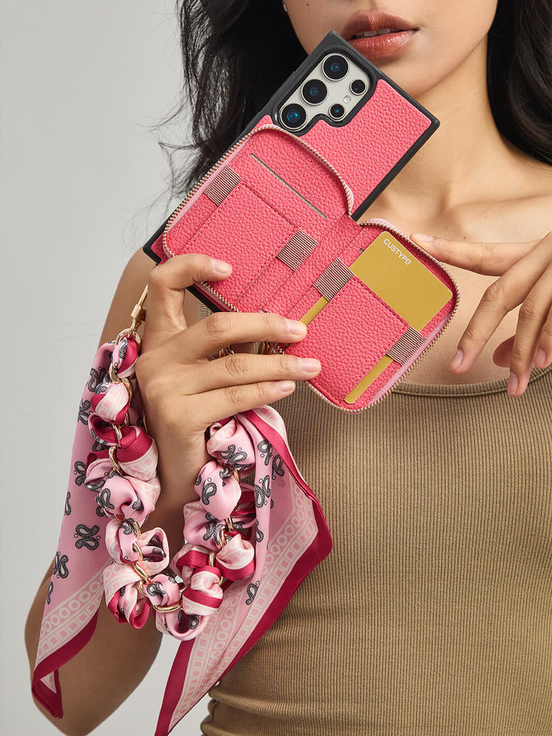 Silk Flair Set- Samsung Lychee Detachable Wristlet Wallet Phone Case with E-Stand-Mobile Phone Cases-WRISTBAND & PHONE POUCH-Peach Pink-Samsung S25 Ultra-Custype