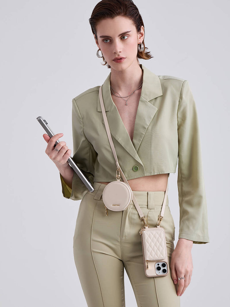 Embroidery Craft Set- Detachable Wireless Charging Crossbody Wallet Phone Case Round Pouch Set-Mobile Phone Cases-DETACHABLE WALLET & ROUND POUCH-Argyle-Black-iPhone 16 Pro Max-Custype