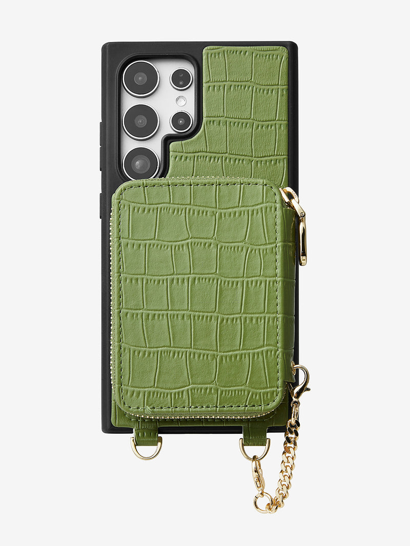 Crocodile Craft Set- Samsung Galaxy Strap Magsafe Compatible Phone Wallet Case with Circle Pouch-Mobile Phone Cases-DETACHABLE WALLET & ROUND POUCH-Green-Samsung S25 Ultra-Custype