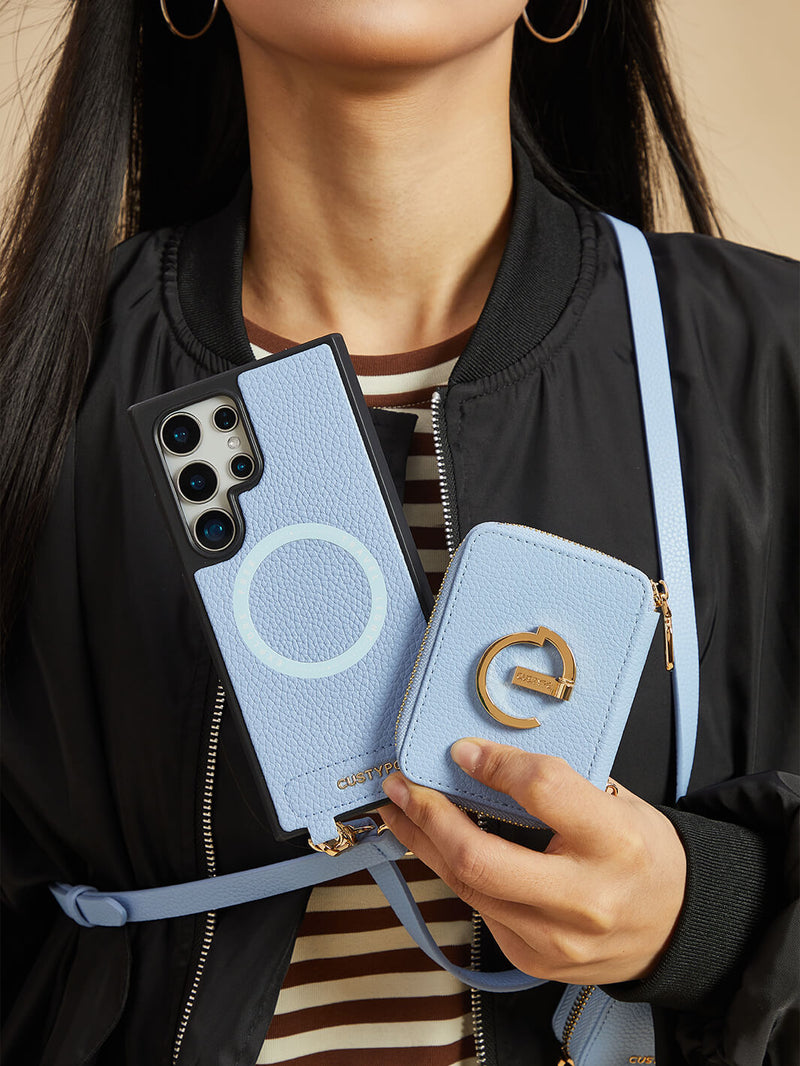 Original Design Set- Samsung Galaxy Wireless Charging Phone Case With AirPods Holder Set-Mobile Phone Cases-DETACHABLE WALLET & ROUND POUCH-Blue-Samsung S25 Ultra-Custype