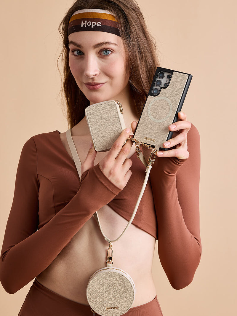 Unique Design Set- Samsung Galaxy Detachable Wireless Charging Crossbody Wallet Phone Case Round Pouch Set-Mobile Phone Cases-DETACHABLE WALLET & ROUND POUCH-Beige-Samsung S25 Ultra-Custype