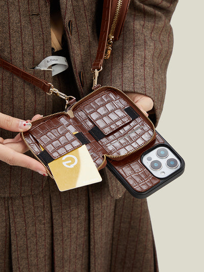 Crocodile Design Set- Detachable Wireless Charging Crossbody E-Stand Wallet Phone Case Round Pouch Set-Mobile Phone Cases-DETACHABLE WALLET & ROUND POUCH-Brown-iPhone 16 Pro Max-Custype