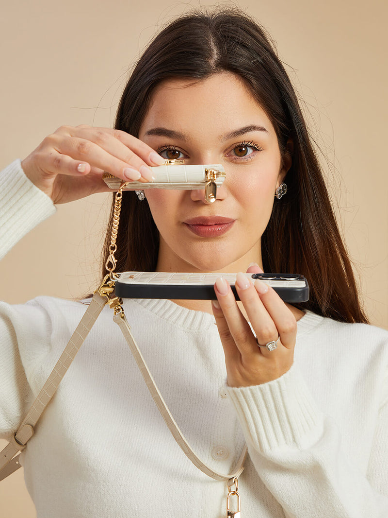 Crocodile Design Set- Detachable Wireless Charging Crossbody E-Stand Wallet Phone Case Round Pouch Set-Mobile Phone Cases-DETACHABLE WALLET & ROUND POUCH-Brown-iPhone 16 Pro Max-Custype