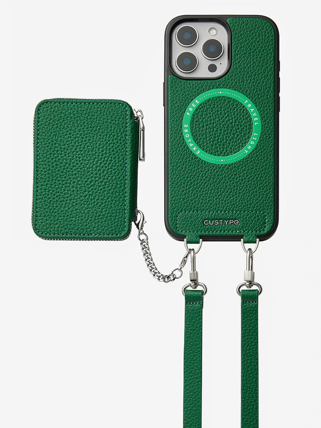 Lunar Silver Series- Wireless Charging Wallet Phone Case with Crossbody Strap-Mobile Phone Cases-DETACHABLE WALLET & PHONE POUCH-Green-iPhone 16 Pro Max-Custype