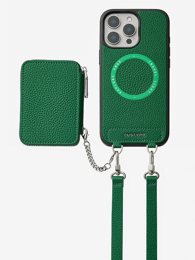 Lunar Silver Series- Wireless Charging Wallet Phone Case with Crossbody Strap-Mobile Phone Cases-DETACHABLE WALLET & PHONE POUCH-Green-iPhone 16 Pro Max-Custype