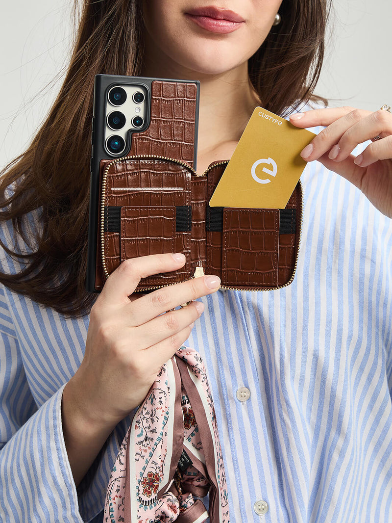 Silk Flair Set- Samsung Crocodile Removeable Wallet Phone Case with Wrist Strap-Mobile Phone Cases-WRISTBAND & PHONE POUCH-Brown-Samsung S25 Ultra-Custype