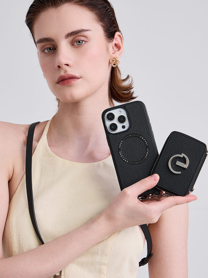 Silver Edge Kit- Versatile Magnetic E-stand Card Holder Case for iPhone with Round Pouch & Shoulder Strap-Mobile Phone Cases-DETACHABLE WALLET & ROUND POUCH-Green-iPhone 16 Pro Max-Custype