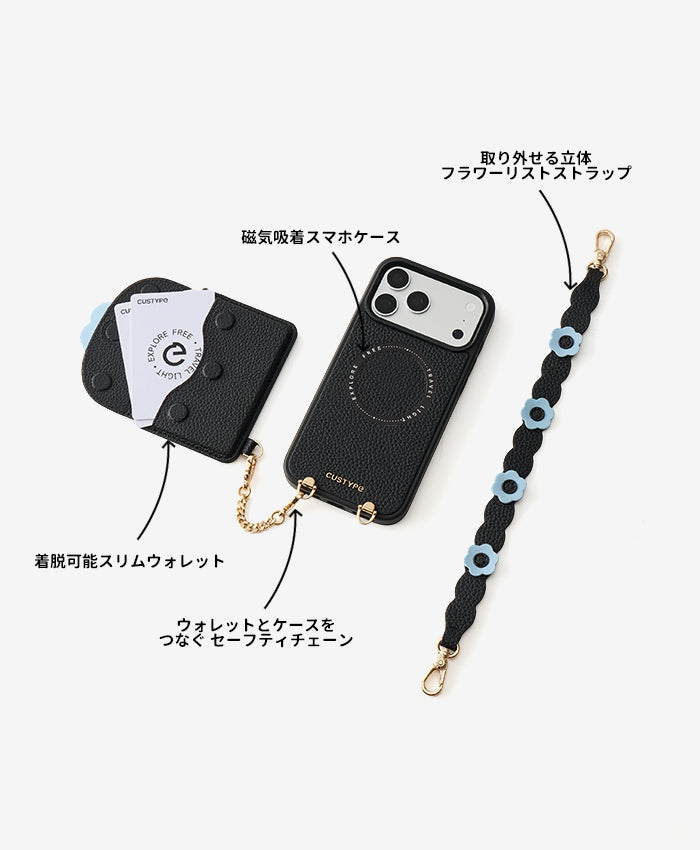 リストストラップ付きスリムウォレット型スマホケースの特徴