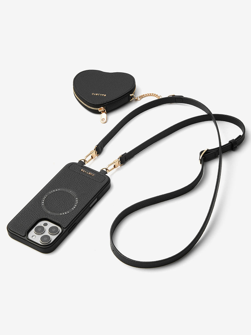 Black zipper heart pouch phone case with magsafe iPhone 16 Pro