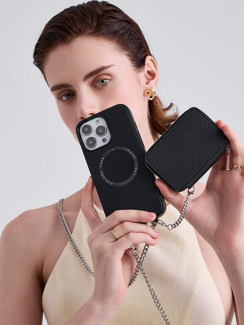 Silver Luster Kit- Protective MagSafe Phone Case with Attachable Wallet & Crossbody Chain-Mobile Phone Cases-DETACHABLE WALLET & PHONE POUCH-Black-iPhone 16 Pro Max-Custype