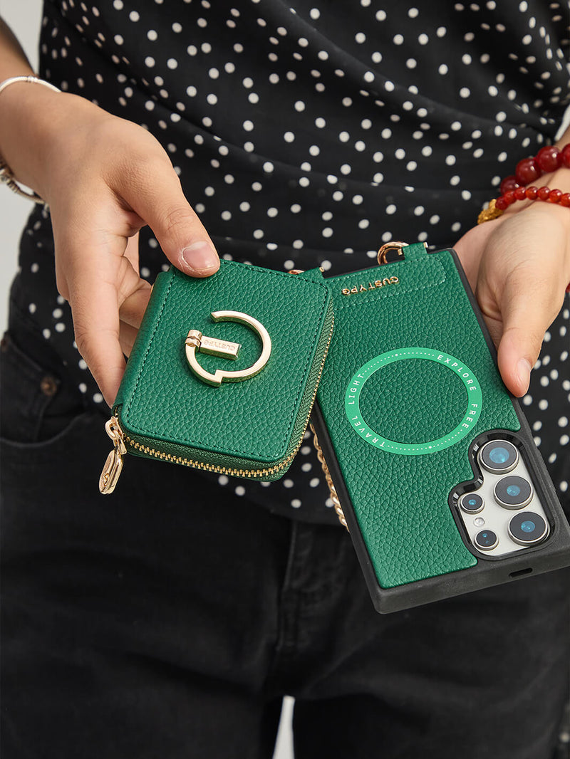 Personalised Style Kit- Samsung Phone Stand Wallet Phone Case for Wireless Charging-Mobile Phone Cases-WRISTBAND & PHONE POUCH-Green-Samsung S25 Ultra-Custype