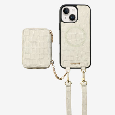 Crocodile Craft Set- Detachable Wireless Charging Crossbody Wallet Phone Case Set-Mobile Phone Cases-DETACHABLE WALLET & WIRELESS CHARGING-White-iPhone 15 Plus-Custype