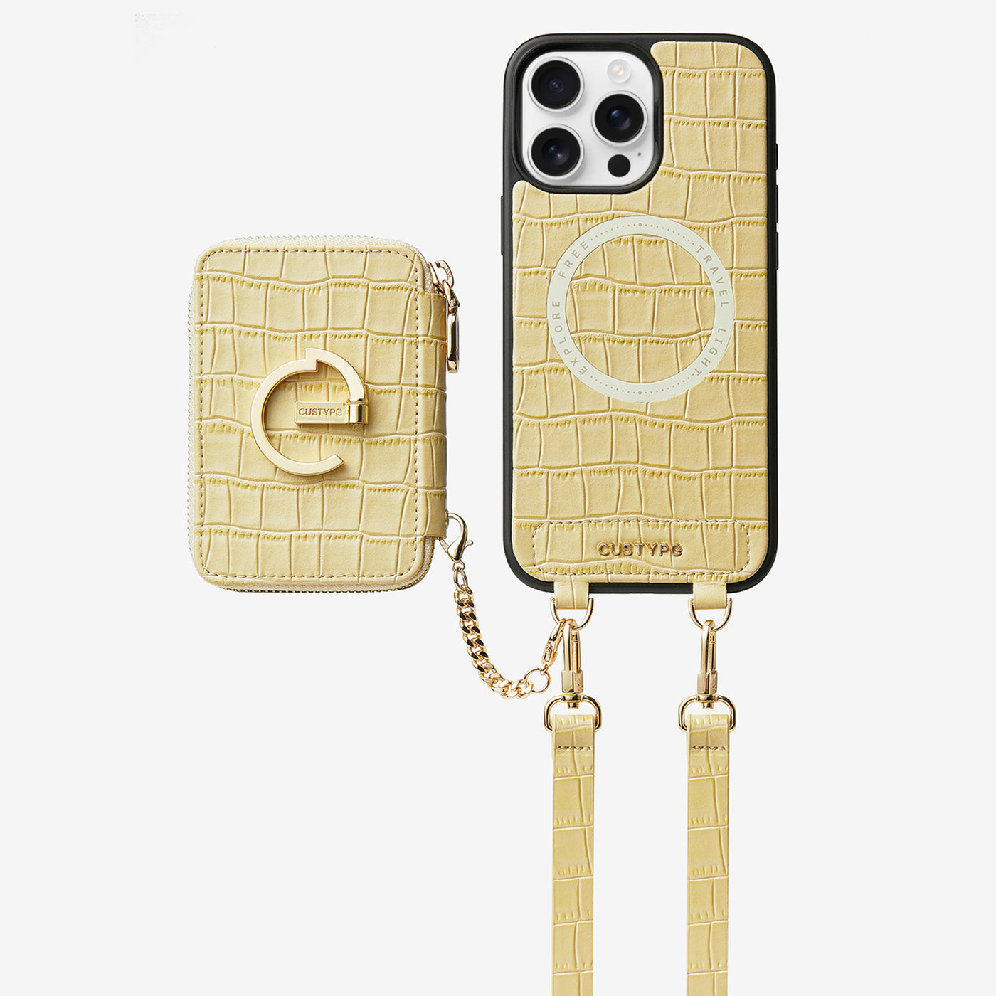 Crocodile Design Set- Detachable Wireless Charging Crossbody E-stand Wallet Phone Case Set-Mobile Phone Cases-DETACHABLE WALLET & WIRELESS CHARGING-Beige Yellow-iPhone 16 Pro Max-Custype