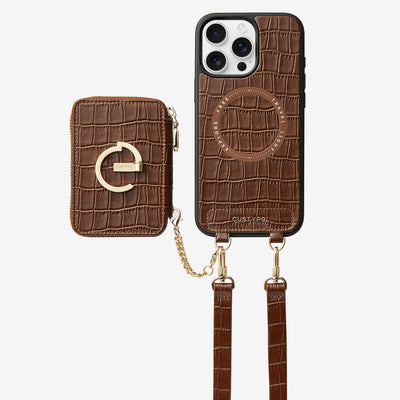 Crocodile Design Set- Detachable Wireless Charging Crossbody E-stand Wallet Phone Case Set-Mobile Phone Cases-DETACHABLE WALLET & WIRELESS CHARGING-Brown-iPhone 16 Pro Max-Custype