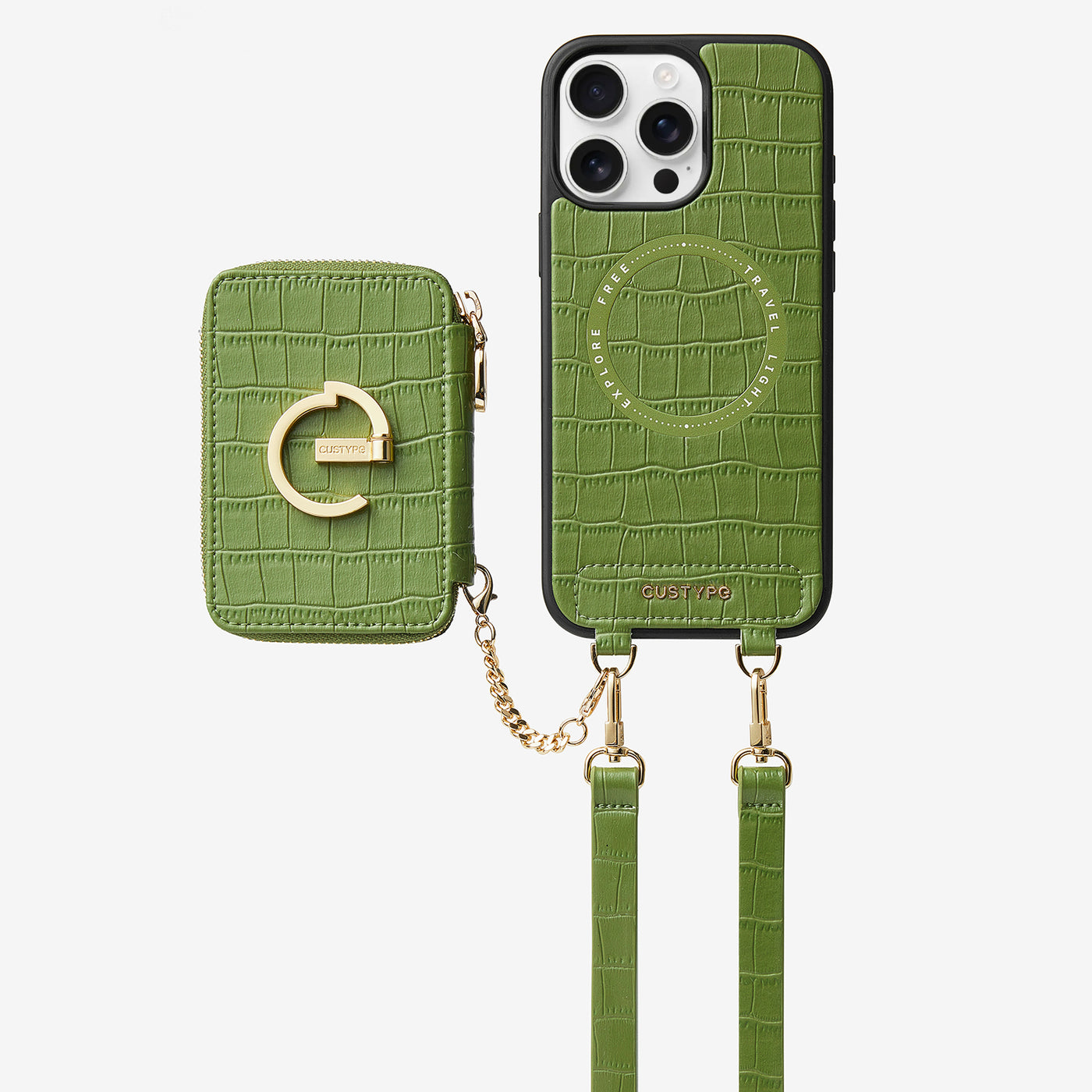 Crocodile Design Set- Detachable Wireless Charging Crossbody E-stand Wallet Phone Case Set-Mobile Phone Cases-DETACHABLE WALLET & WIRELESS CHARGING-Green-iPhone 16 Pro Max-Custype