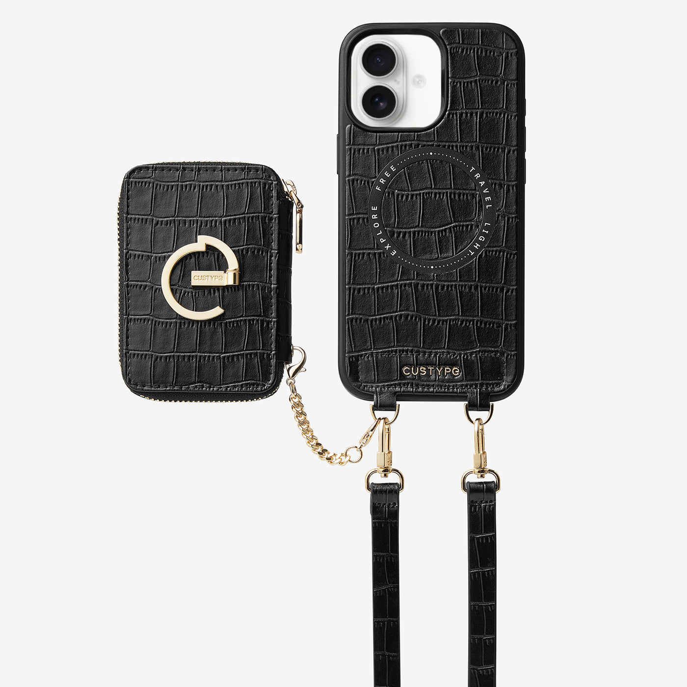 Crocodile Design Set- Detachable Wireless Charging Crossbody E-stand Wallet Phone Case Set-Mobile Phone Cases-DETACHABLE WALLET & WIRELESS CHARGING-Black-iPhone 16 Plus-Custype