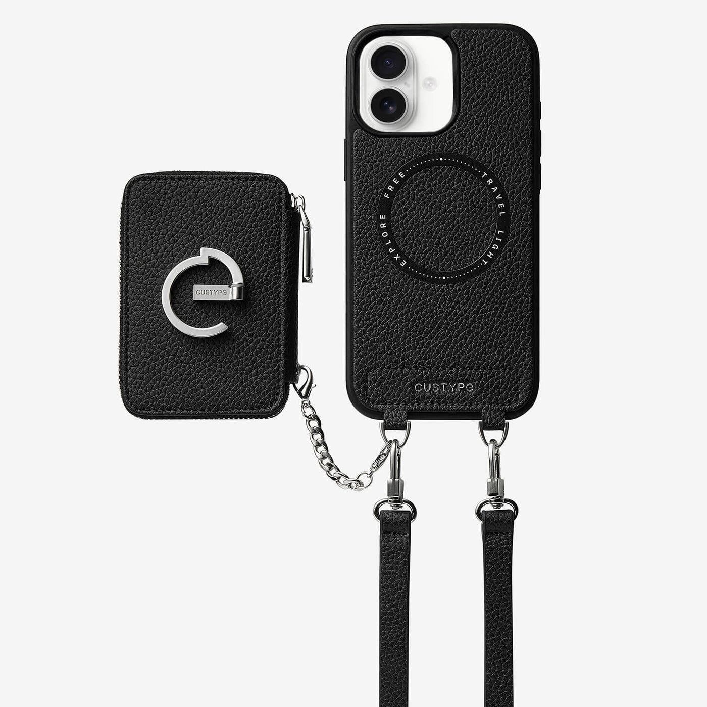 Silver Edge Kit- Magnetic Crossbody E-stand Wallet Case for Walking-Mobile Phone Cases-DETACHABLE WALLET & PHONE POUCH-Black-iPhone 16 Plus-Custype