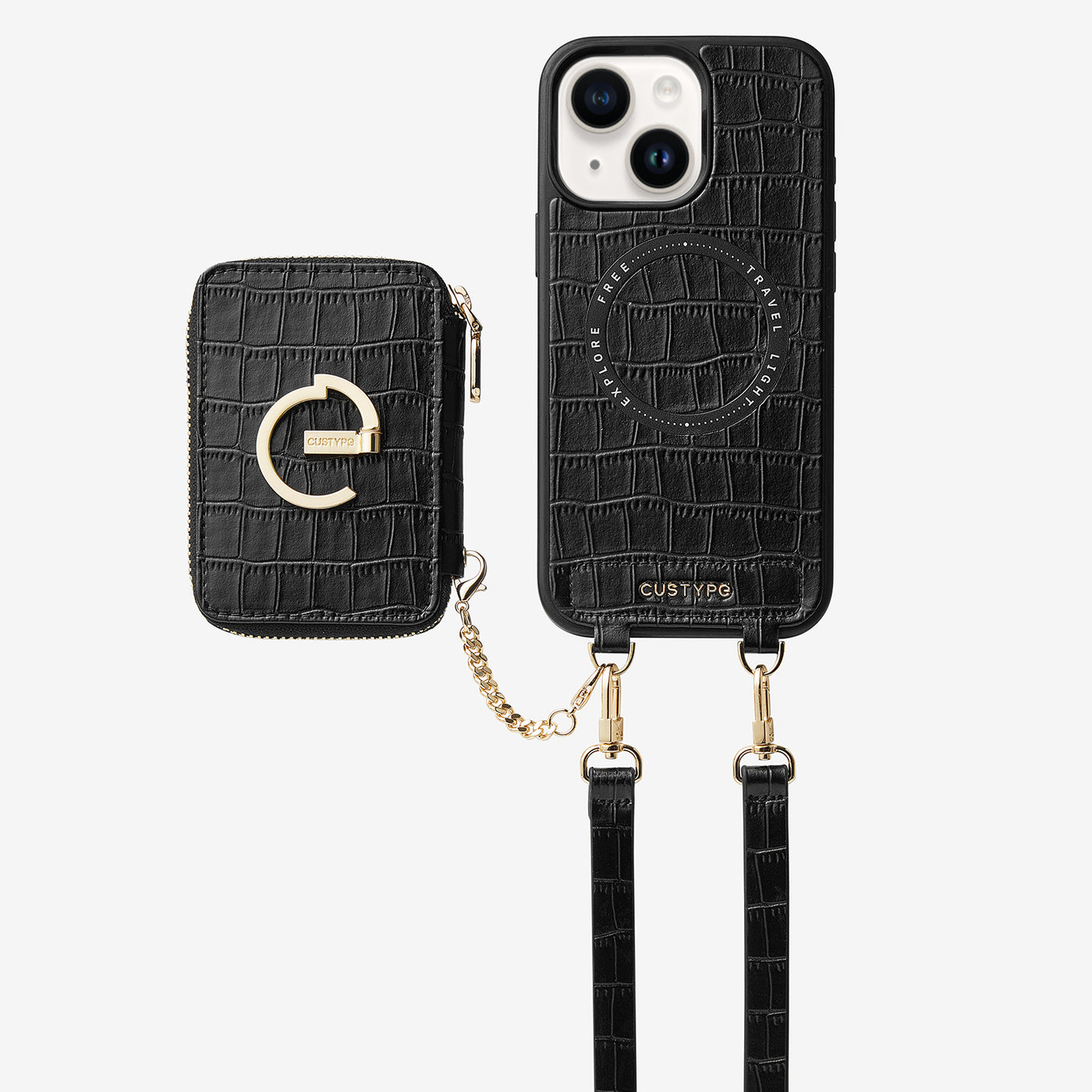 Crocodile Design Set- Detachable Wireless Charging Crossbody E-stand Wallet Phone Case Set-Mobile Phone Cases-DETACHABLE WALLET & WIRELESS CHARGING-Black-iPhone 15 Plus-Custype