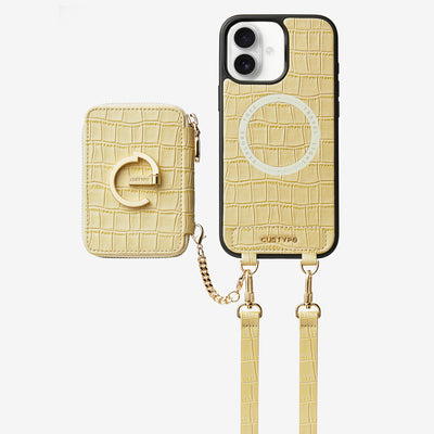 Crocodile Design Set- Detachable Wireless Charging Crossbody E-stand Wallet Phone Case Set-Mobile Phone Cases-DETACHABLE WALLET & WIRELESS CHARGING-Beige Yellow-iPhone 16 Plus-Custype