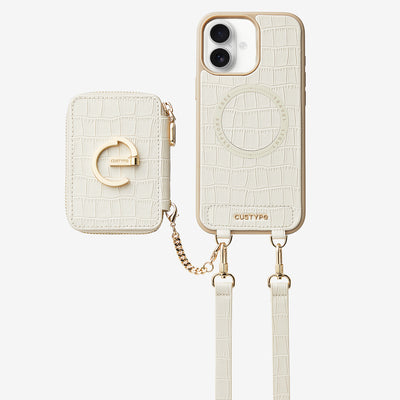 Crocodile Design Set- Detachable Wireless Charging Crossbody E-stand Wallet Phone Case Set-Mobile Phone Cases-DETACHABLE WALLET & WIRELESS CHARGING-White-iPhone 16 Plus-Custype