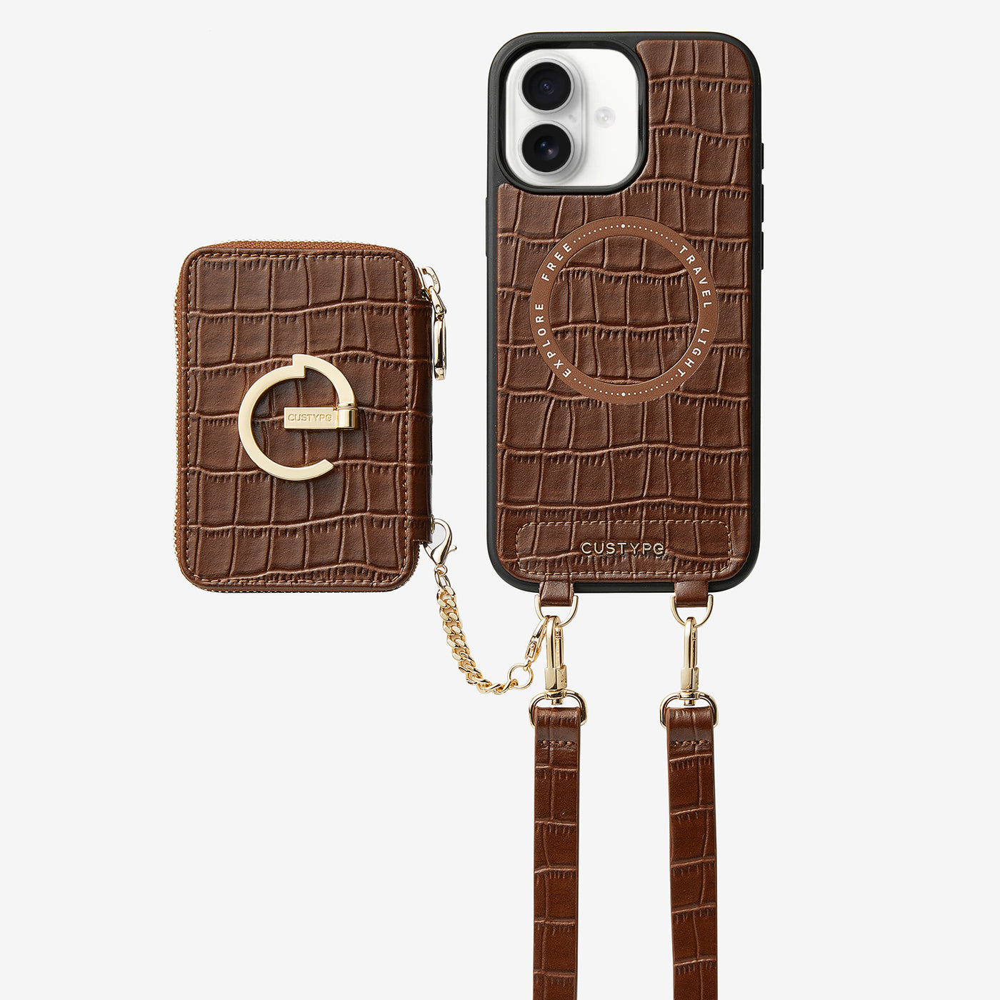 Crocodile Design Set- Detachable Wireless Charging Crossbody E-stand Wallet Phone Case Set-Mobile Phone Cases-DETACHABLE WALLET & WIRELESS CHARGING-Brown-iPhone 16 Plus-Custype