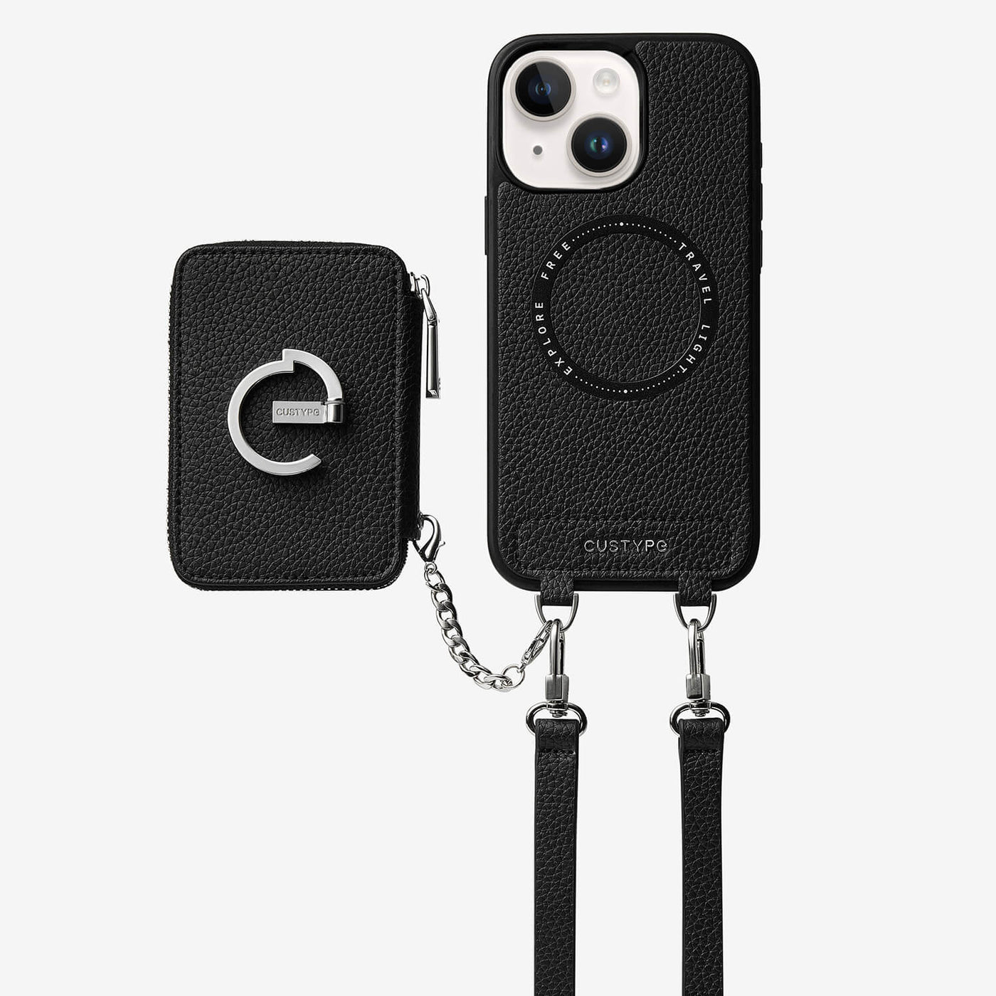 Silver Edge Kit- Magnetic Crossbody E-stand Wallet Case for Walking-Mobile Phone Cases-DETACHABLE WALLET & PHONE POUCH-Black-iPhone 15 Plus-Custype