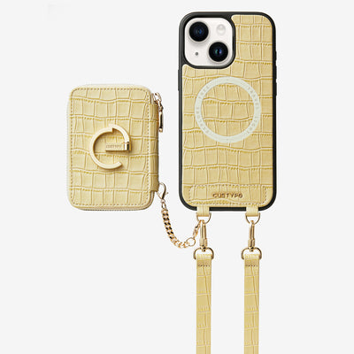 Crocodile Design Set- Detachable Wireless Charging Crossbody E-stand Wallet Phone Case Set-Mobile Phone Cases-DETACHABLE WALLET & WIRELESS CHARGING-Beige Yellow-iPhone 15 Plus-Custype