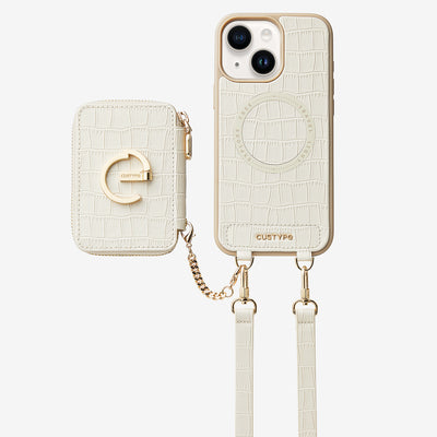 Crocodile Design Set- Detachable Wireless Charging Crossbody E-stand Wallet Phone Case Set-Mobile Phone Cases-DETACHABLE WALLET & WIRELESS CHARGING-White-iPhone 15 Plus-Custype