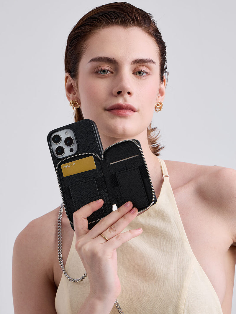 Silver Luster Kit- Protective MagSafe Phone Case with Attachable Wallet & Crossbody Chain-Mobile Phone Cases-DETACHABLE WALLET & PHONE POUCH-Black-iPhone 16 Pro Max-Custype