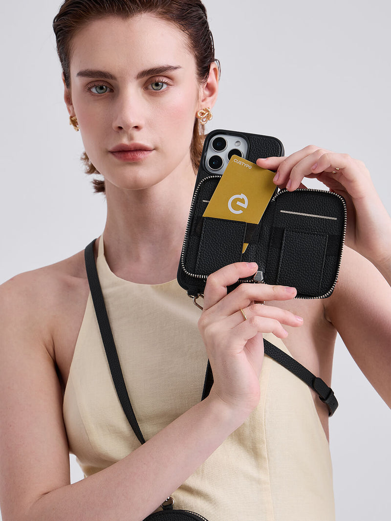 Silver Edge Kit- Versatile Magnetic E-stand Card Holder Case for iPhone with Round Pouch & Shoulder Strap-Mobile Phone Cases-DETACHABLE WALLET & ROUND POUCH-Green-iPhone 16 Pro Max-Custype