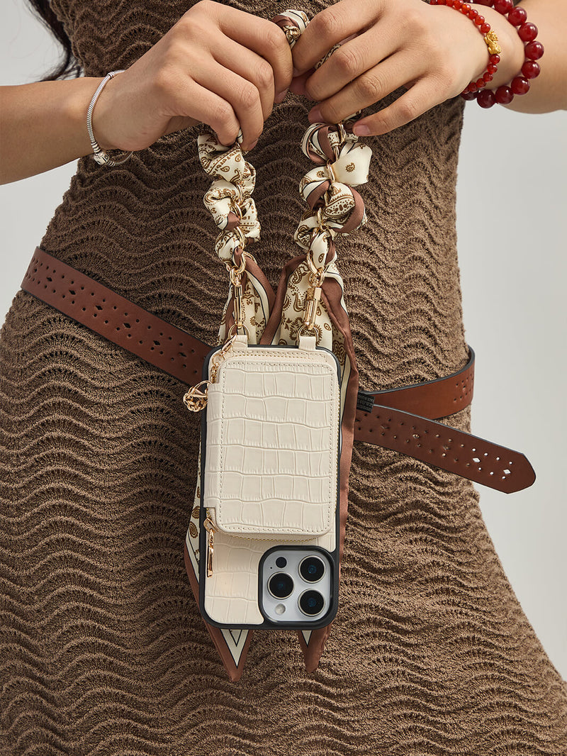 Silk Flair Set- Crocodile Wrist Lanyard Wallet Phone Case Compatible MagSafe-Mobile Phone Cases-WRISTBAND & PHONE POUCH-White-iPhone 16 Pro Max-Custype