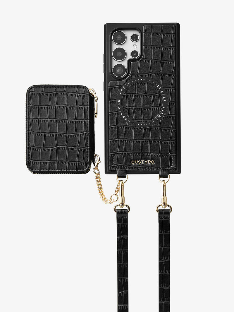 Crocodile Craft Set- Samsung Galaxy Strap Magsafe Compatible Phone Wallet Case with Circle Pouch-Mobile Phone Cases-DETACHABLE WALLET & ROUND POUCH-Green-Samsung S25 Ultra-Custype