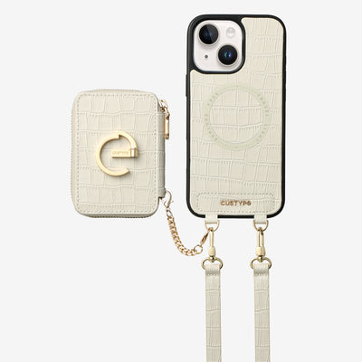 Crocodile Design Set- Detachable Wireless Charging Crossbody E-stand Wallet Phone Case Set-Mobile Phone Cases-DETACHABLE WALLET & WIRELESS CHARGING-White-iPhone 15 Plus-Custype