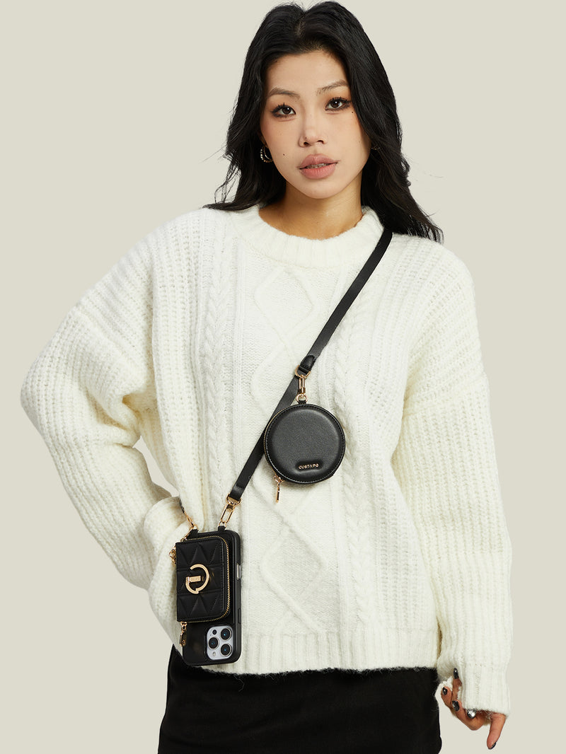 Embroidery Craft Set- Detachable Wireless Charging Crossbody Wallet Phone Case Round Pouch Set-Mobile Phone Cases-DETACHABLE WALLET & ROUND POUCH-Argyle-Black-iPhone 16 Pro Max-Custype