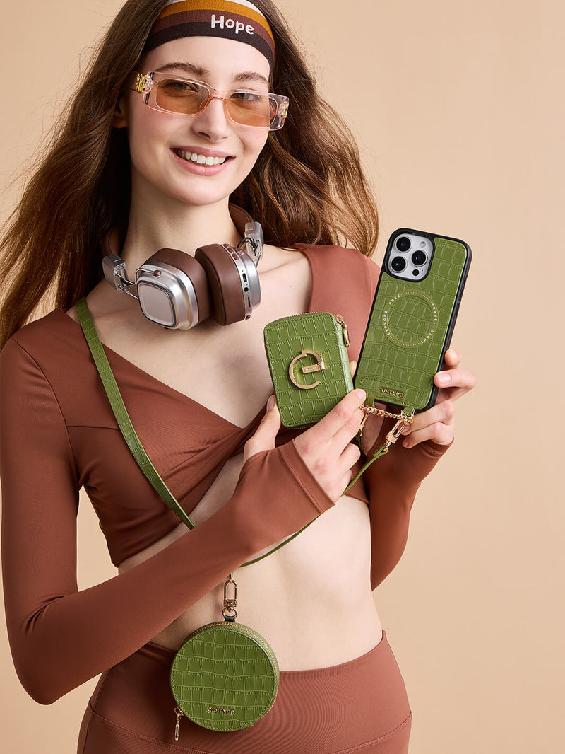 Crocodile Design Set- Detachable Wireless Charging Crossbody E-Stand Wallet Phone Case Round Pouch Set-Mobile Phone Cases-DETACHABLE WALLET & ROUND POUCH-Brown-iPhone 16 Pro Max-Custype