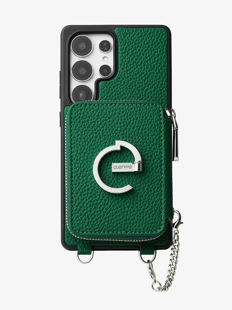 Silver Edge Kit- Samsung Galaxy Magnetic Wallet Phone Case with Neck Strap & Grip-Mobile Phone Cases-DETACHABLE WALLET & PHONE POUCH-Green-Samsung S25 Ultra-Custype