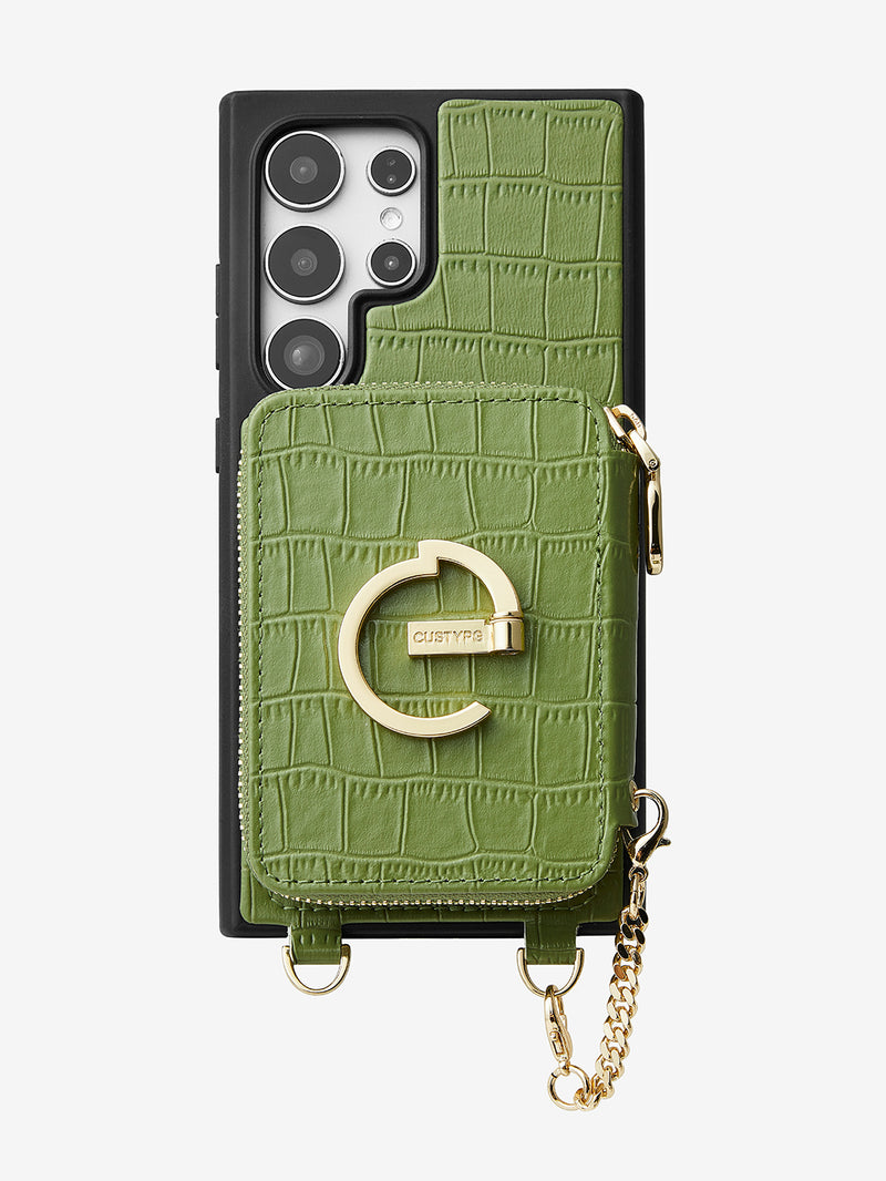 Crocodile Design Set- Samsung Galaxy Magnetic Grip Wallet Phone Case with Carrying Strap-Mobile Phone Cases-DETACHABLE WALLET & WIRELESS CHARGING-Black-Samsung S25 Ultra-Custype