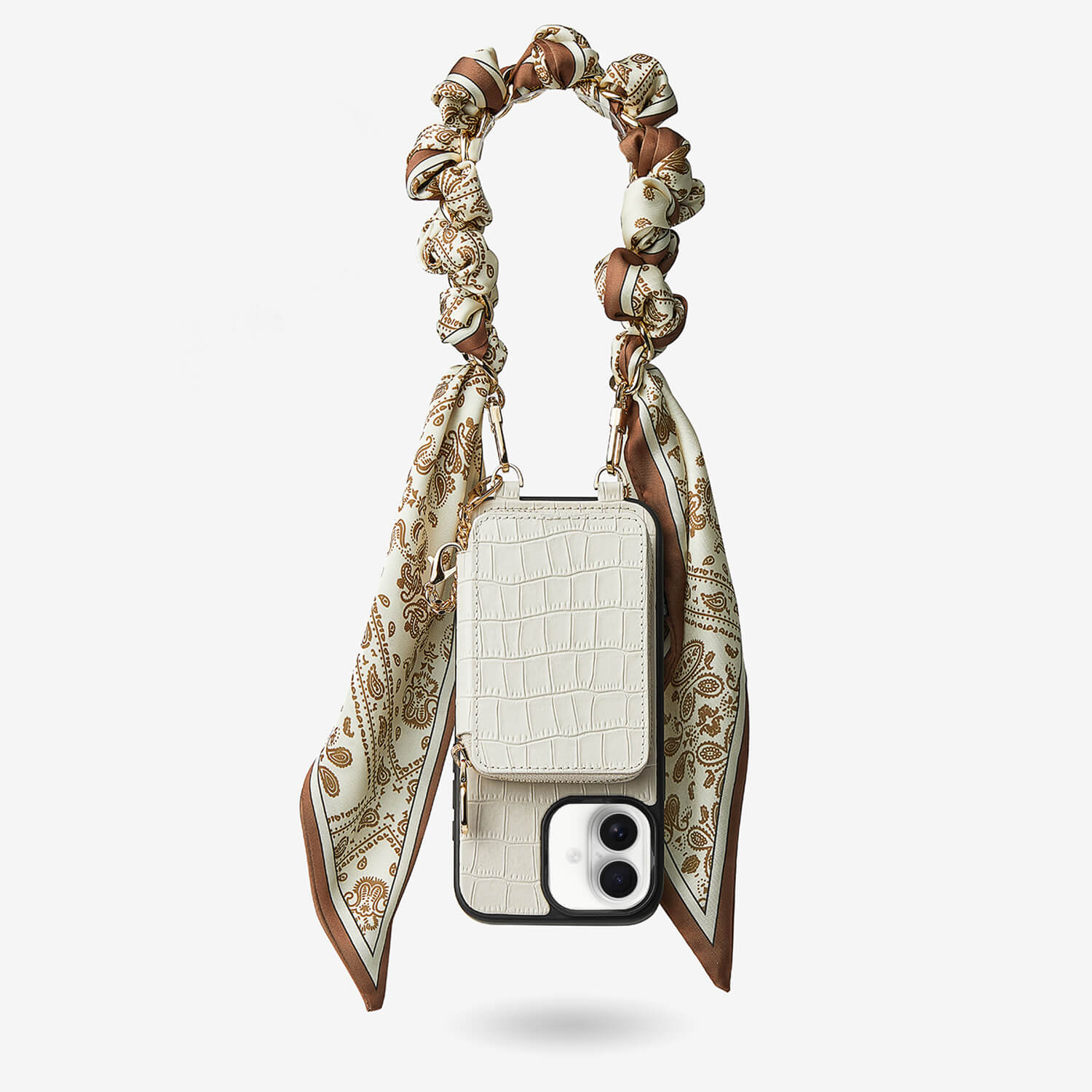 Silk Flair Set- Crocodile Wrist Lanyard Wallet Phone Case Compatible MagSafe-Mobile Phone Cases-WRISTBAND & PHONE POUCH-White-iPhone 16 Plus-Custype