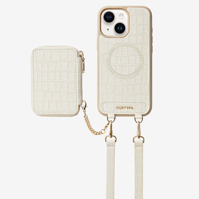 Crocodile Craft Set- Detachable Wireless Charging Crossbody Wallet Phone Case Set-Mobile Phone Cases-DETACHABLE WALLET & WIRELESS CHARGING-White-iPhone 15 Plus-Custype