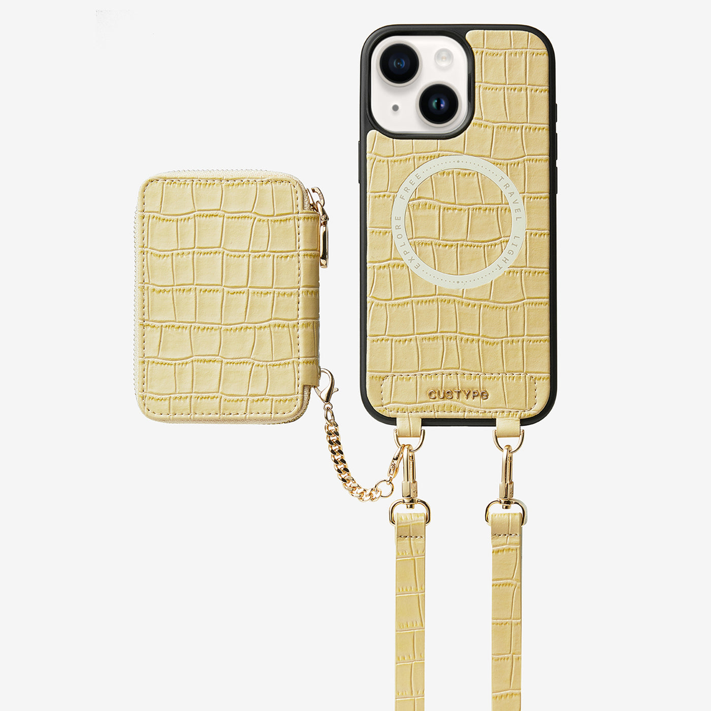 Crocodile Craft Set- Detachable Wireless Charging Crossbody Wallet Phone Case Set-Mobile Phone Cases-DETACHABLE WALLET & WIRELESS CHARGING-Beige Yellow-iPhone 15 Plus-Custype