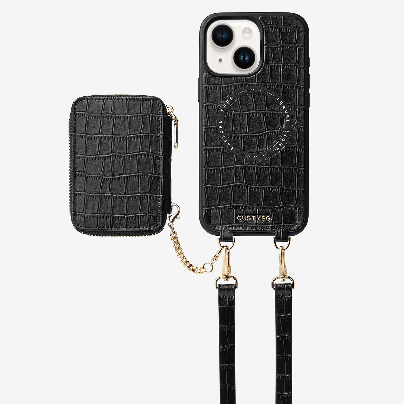 Crocodile Craft Set- Detachable Wireless Charging Crossbody Wallet Phone Case Set-Mobile Phone Cases-DETACHABLE WALLET & WIRELESS CHARGING-Black-iPhone 15 Plus-Custype