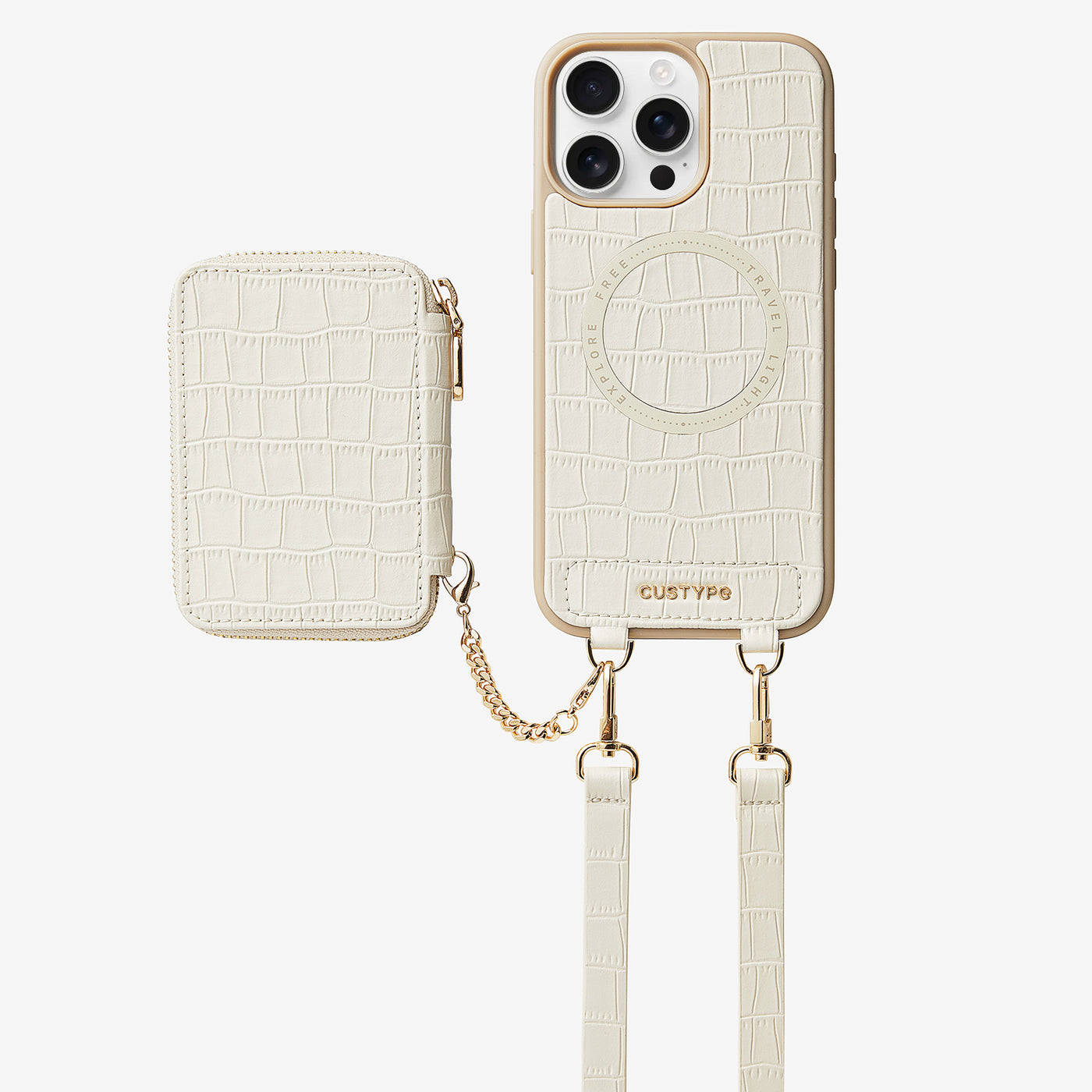 Crocodile Craft Set- Detachable Wireless Charging Crossbody Wallet Phone Case Set-Mobile Phone Cases-DETACHABLE WALLET & WIRELESS CHARGING-White-iPhone 16 Pro Max-Custype