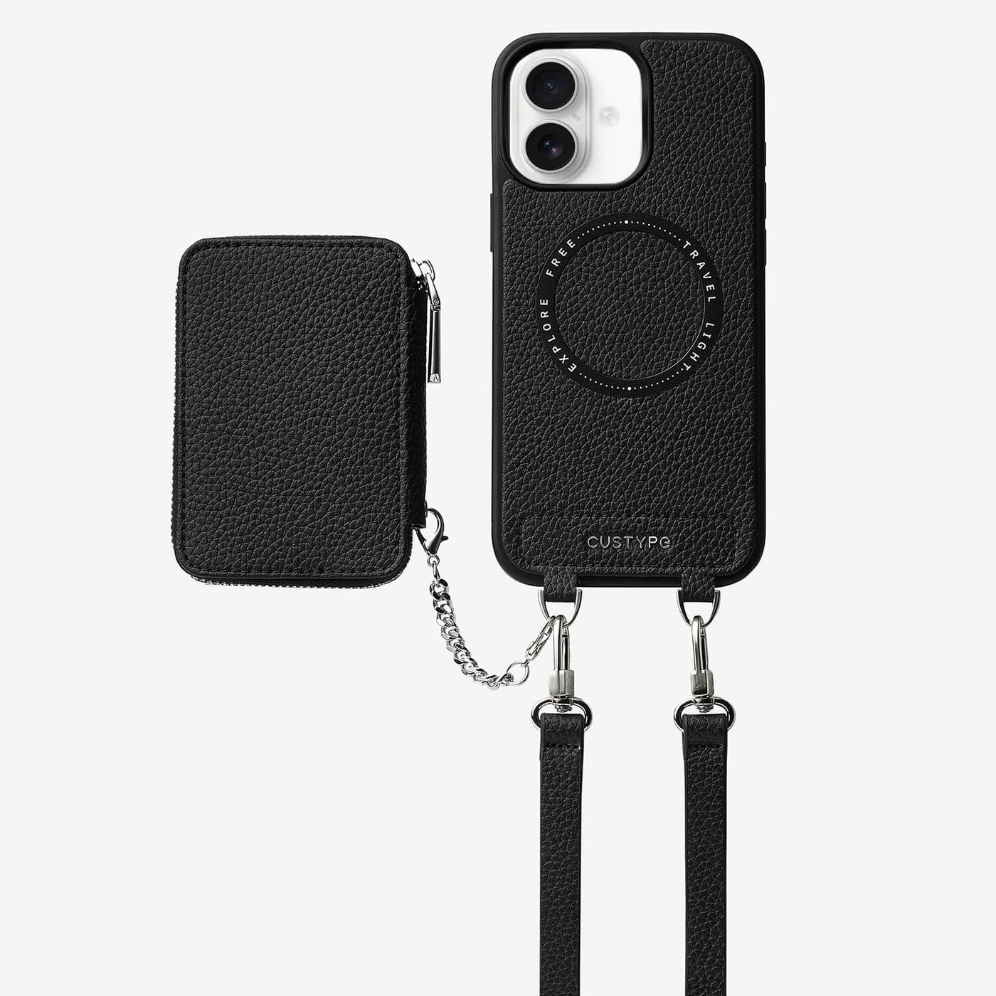 Lunar Silver Series- Wireless Charging Wallet Phone Case with Crossbody Strap-Mobile Phone Cases-DETACHABLE WALLET & PHONE POUCH-Black-iPhone 16 Plus-Custype