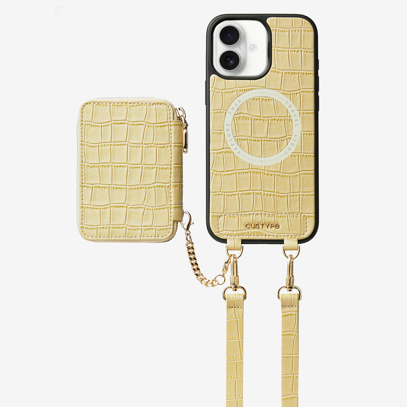 Crocodile Craft Set- Detachable Wireless Charging Crossbody Wallet Phone Case Set-Mobile Phone Cases-DETACHABLE WALLET & WIRELESS CHARGING-Beige Yellow-iPhone 16 Plus-Custype